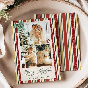 Retro Red Gold Stripes Bow Merry Christmas 3 Photo Holiday Card