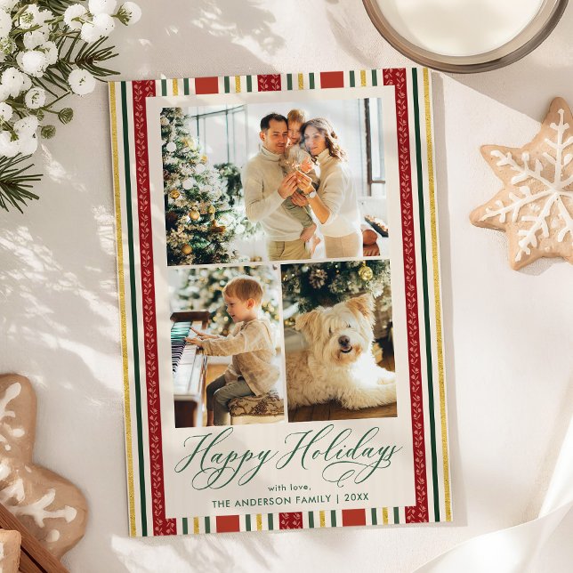 Retro Red Gold Stripes Happy Holidays 3 Photo Holiday Card (Creator Uploaded)