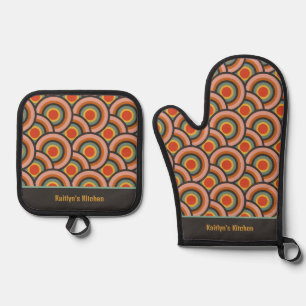 Retro Red Gold Teal Circles Personalised Oven Mitt & Pot Holder Set