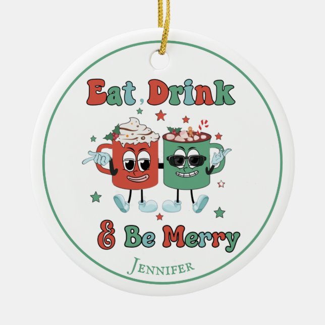 Retro Red Green Cartoon Dancing  Ceramic Tree Decoration (Front)