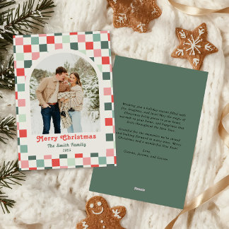 Retro Red Green Checkerboard Photo Arch Christmas Holiday Card