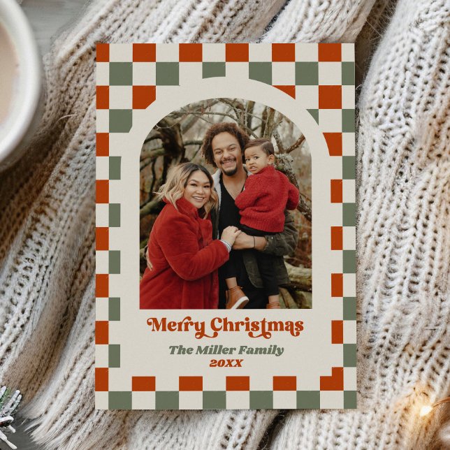 Retro Red Green Chequerboard Photo Arch Christmas Holiday Card (Creator Uploaded)