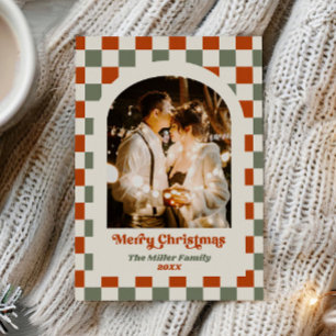 Retro Red Green Chequerboard Photo Arch Christmas Holiday Card