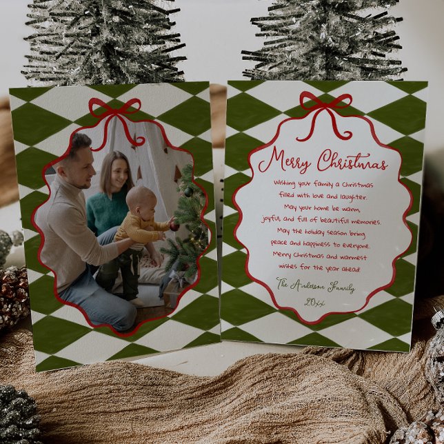 Retro Red Green Chequered Oval Bow Frame Christmas Holiday Card (Creator Uploaded)