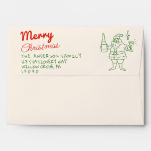 Retro Red Green Drawn Santa Claus Merry Christmas Envelope