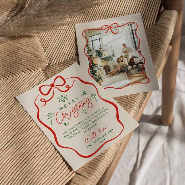 Retro Red Green Hand Drawn Quirky Bow Christmas Holiday Card (Creator Uploaded)