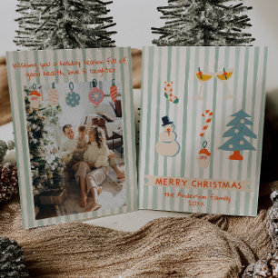 Retro Red Green Illustrated Colourful Christmas Fu Holiday Card