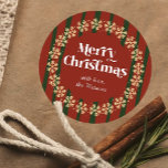 Retro Red & Green Merry Christmas Custom Name Classic Round Sticker<br><div class="desc">Add the finishing touch to your gift packaging this holiday season with these vintage inspired timeless red and green round stickers. Featuring retro font that reads 'Merry Christmas' with space for your custom text and family name underneath. The background is hand drawn stripe style with snowflake round border.</div>