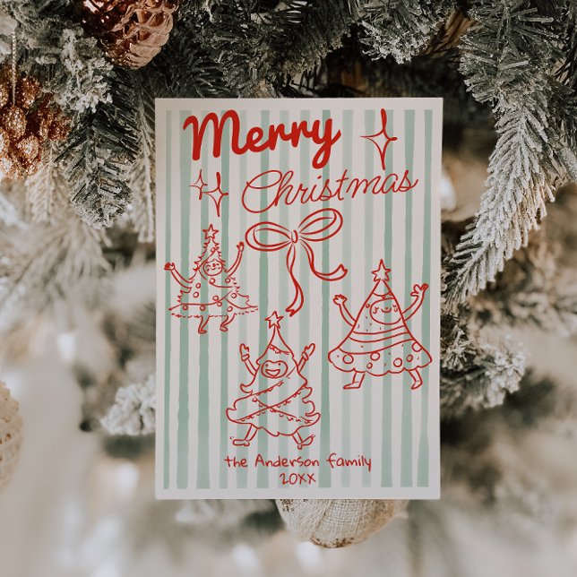 Retro Red  Green Smiling Christmas Trees Non Photo Holiday Card (Creator Uploaded)