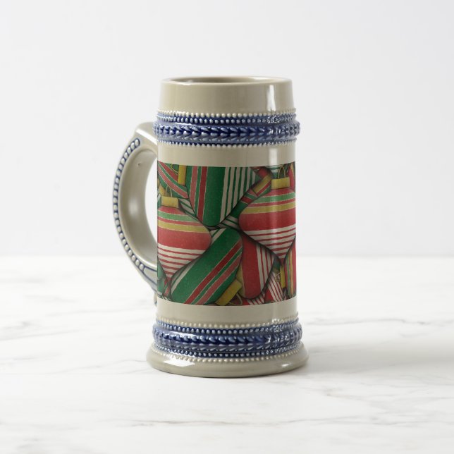 Retro Red Green Striped Ornament Pattern Design Beer Stein (Front Left)