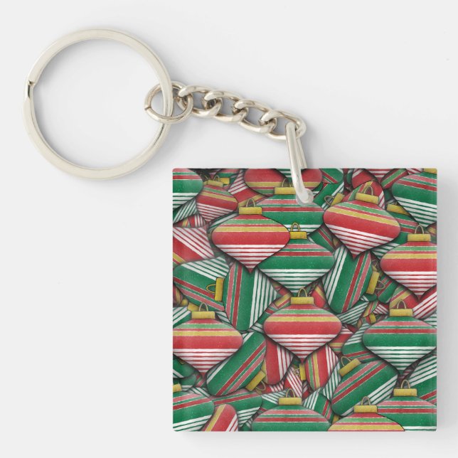 Retro Red Green Striped Ornament Pattern Design Key Ring (Front)