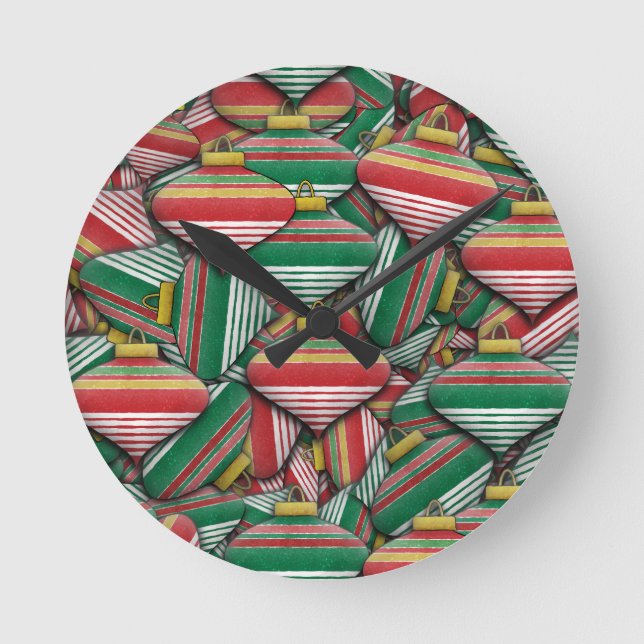 Retro Red Green Striped Ornament Pattern Design Round Clock (Front)