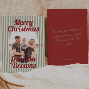 Retro Red Green Stripes Boho Oval Photo Christmas Holiday Card