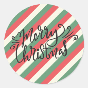 Retro Red Green Vertical Stripes Merry Christmas Classic Round Sticker