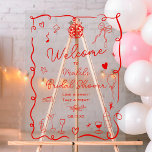 Retro red hand drawn illustrated bridal shower acrylic sign<br><div class="desc">Welcome guests in style with our charming Retro french red Bridal Shower Welcome Transparent Sign! This delightful sign features a vintage-inspired design with whimsical elements such as , food, drinks, balloons, hearts, and a pretty flowers. Framed by a playful squiggly wavy ribbon, this sign adds a touch of warmth and...</div>