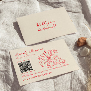 Retro Red Hand Drawn Quirky Cute QR Code Wedding RSVP Card