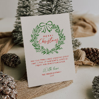 Retro Red Hand Drawn Ribbon Wreath Merry Christmas Holiday Card