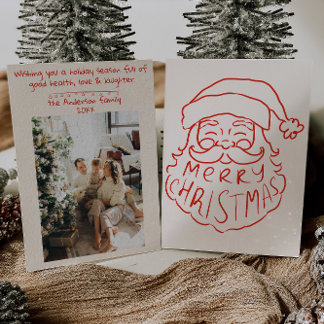 Retro Red Hand Drawn Santa Claus Merry Christmas Holiday Card