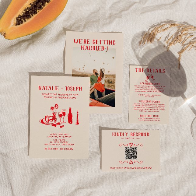 Retro Red Hand Drawn Scribble Quirky  Wedding Invitation (Creator Uploaded)