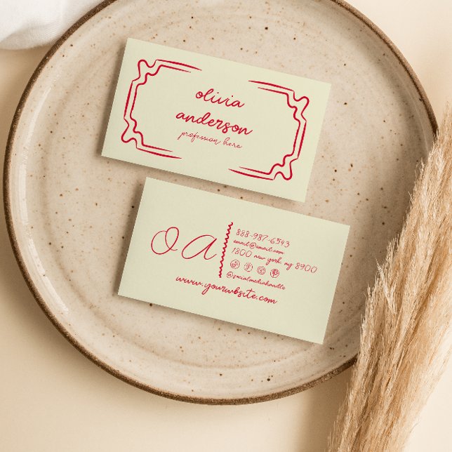 Retro Red Handwritten Drawn Trendy Unique Girly Business Card (Creator Uploaded)