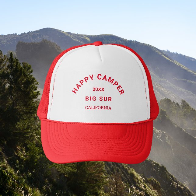Retro Red Happy Camper Camping Crest  Trucker Hat (Creator Uploaded)