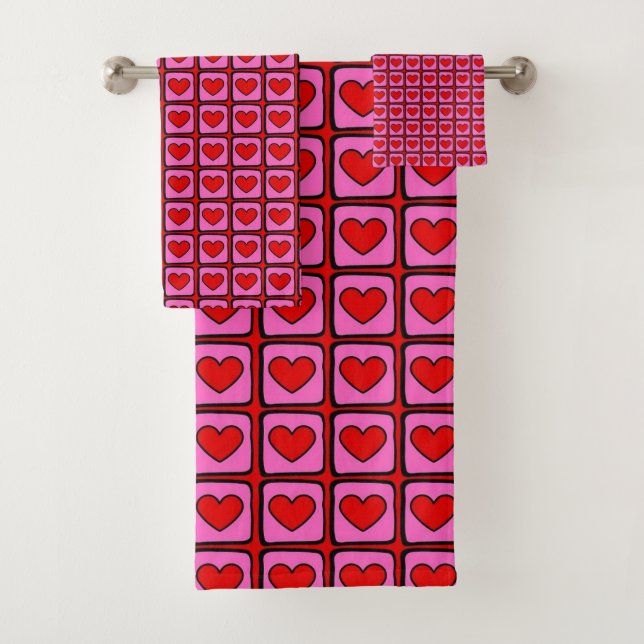 Retro Red Heart Check Pattern  Chic & Stylish  Bath Towel Set (Insitu)
