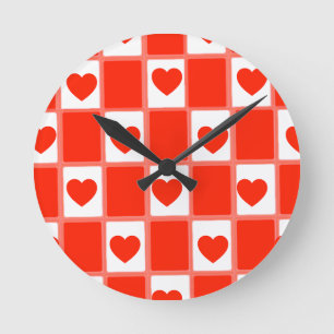 Retro Red Heart Chequerboard Pattern Round Clock