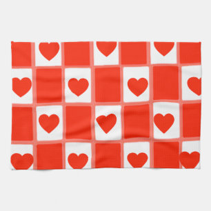 Retro Red Heart Chequerboard Pattern Tea Towel