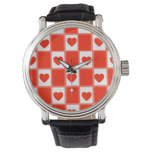 Retro Red Heart Chequerboard Pattern Watch