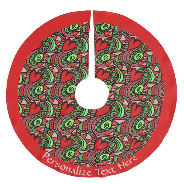 Retro Red Heart Doodle Abstract Design Personalise Brushed Polyester Tree Skirt (Front)