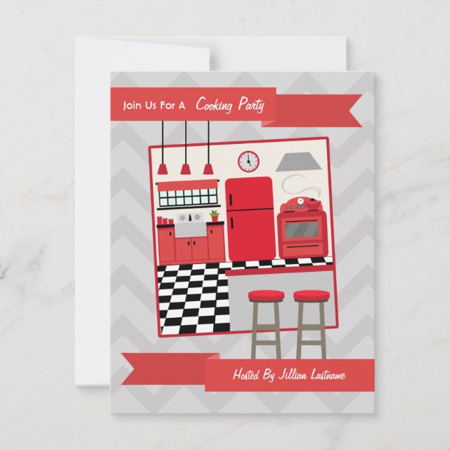Retro Red Kitchen Cooking Party Invite (Front)