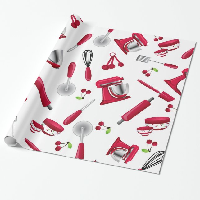 Retro Red Kitchen Gadget Wrapping Paper (Unrolled)