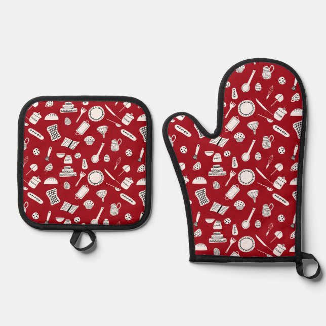 Retro Red Kitchen Oven Mitt & Pot Holder Set (Front)