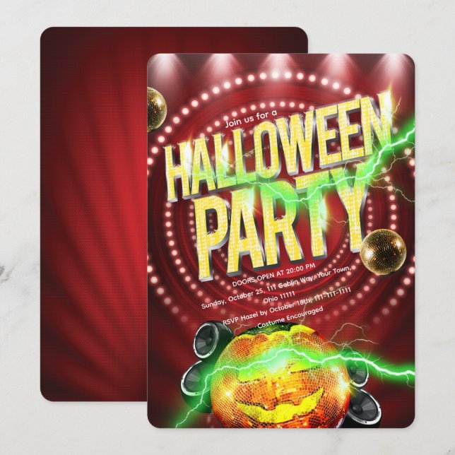 Retro Red Marquee Halloween Disco Pumpkin Invitation (Front/Back)