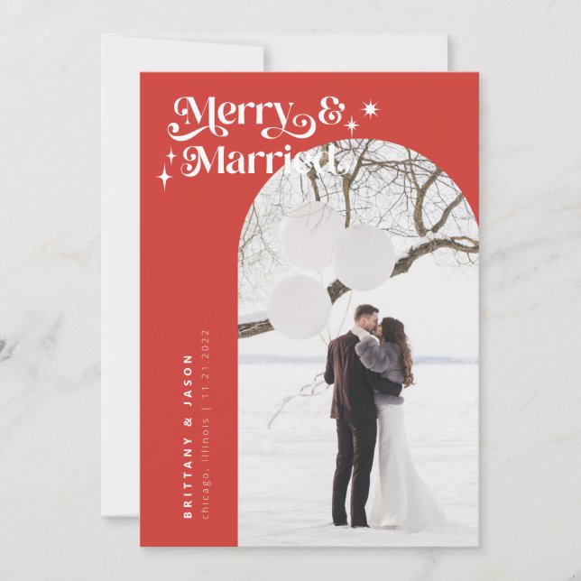 Retro Red Merry & Married Photo Holiday Card (Front)
