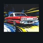Retro Red Muscle Car Side Pop Art Illustration Canvas Print<br><div class="desc">Retro Red Muscle Car Side Pop Art Illustration Print Bold pop-art / graphic style illustration of the dynamic side view of a retro vintage classic muscle car in motion — bright red body, white roof, chrome trim, round tail lights, whitewall tires, lowered stance and powerful speed lines on blue dotted...</div>