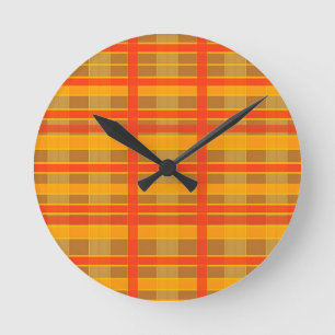 Retro Red Orange Check Plaid Pattern Round Clock