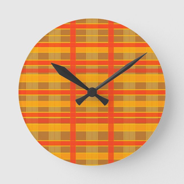 Retro Red Orange Check Plaid Pattern Round Clock (Front)