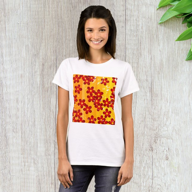 Retro Red Orange Floral T-Shirt (Creator Uploaded)