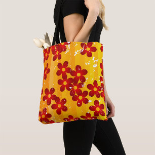 Retro Red Orange Floral Tote Bag