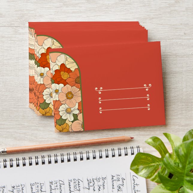 Retro Red Orange Groove Floral Envelope (Stacked)