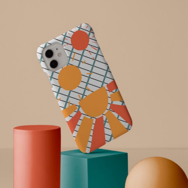 Retro Red Orange Sunset Blue & Black Grid on White Case-Mate iPhone Case (Creator Uploaded)