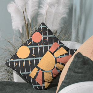 Retro red orange Sunset on blue black & white grid Cushion