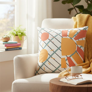 Retro red orange Sunset on blue white & black grid Cushion