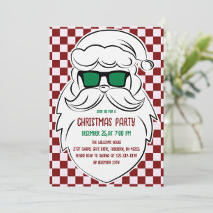 Retro Red Pink Chequered Santa Claus Christmas Invitation