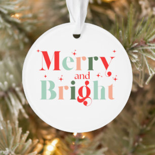 Retro Red Pink Christmas Merry and Bright Ornament