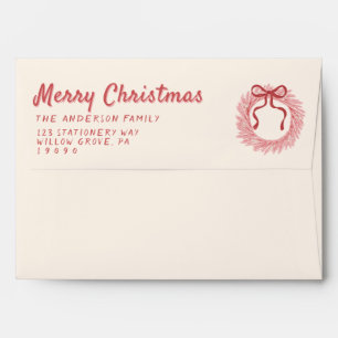 Retro Red Pink Drawn Bow Wreath Merry Christmas Envelope
