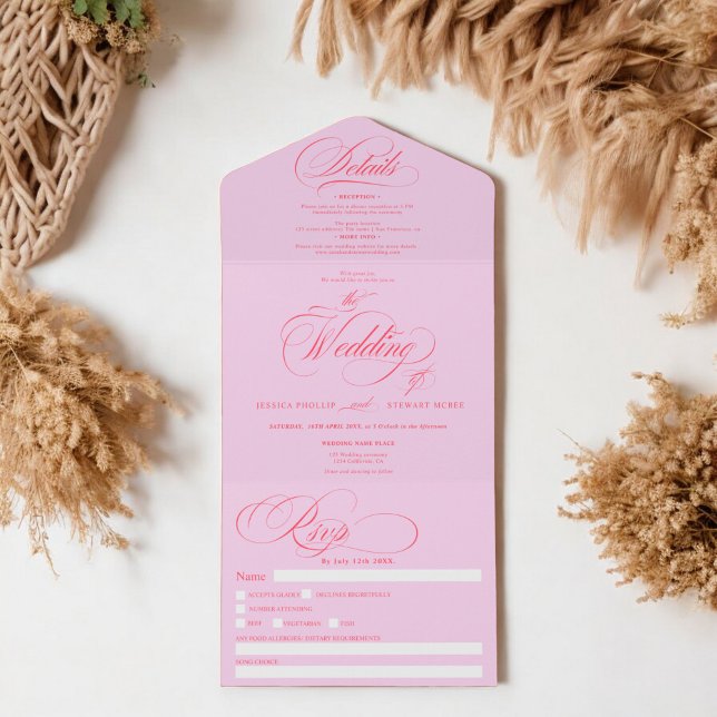 Retro red pink elegant script calligraphy wedding all in one invitation (Retro red pink elegant script calligraphy wedding all in one invitation)