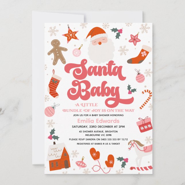 Retro Red Pink Girls Santa Baby Baby Shower Invitation (Front)