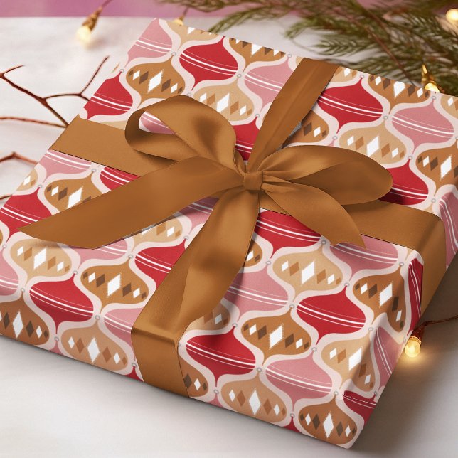 Retro Red Pink Gold Christmas Bauble Pattern Wrapping Paper (Creator Uploaded)